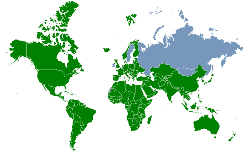 National teams competing in the FIRST Global Challenge highlighted in green (Image: CERN).