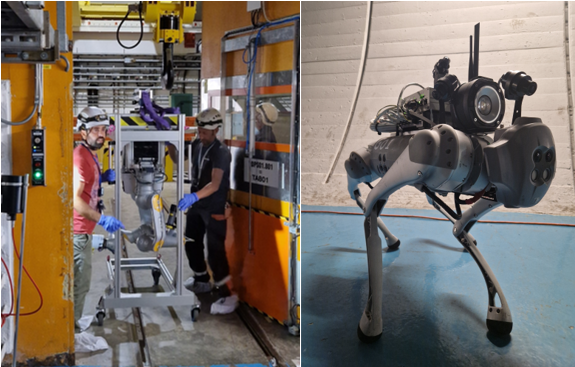 CRANEBot (left) being attached to the North Area crane  and quadruped robot (right) with intervention loadout