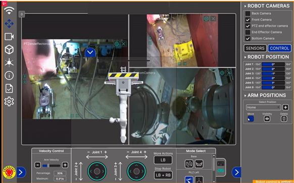 CRANEBot’s camera feed shows the area and gives an aerial view of the quadruped, seen in the left and top panels