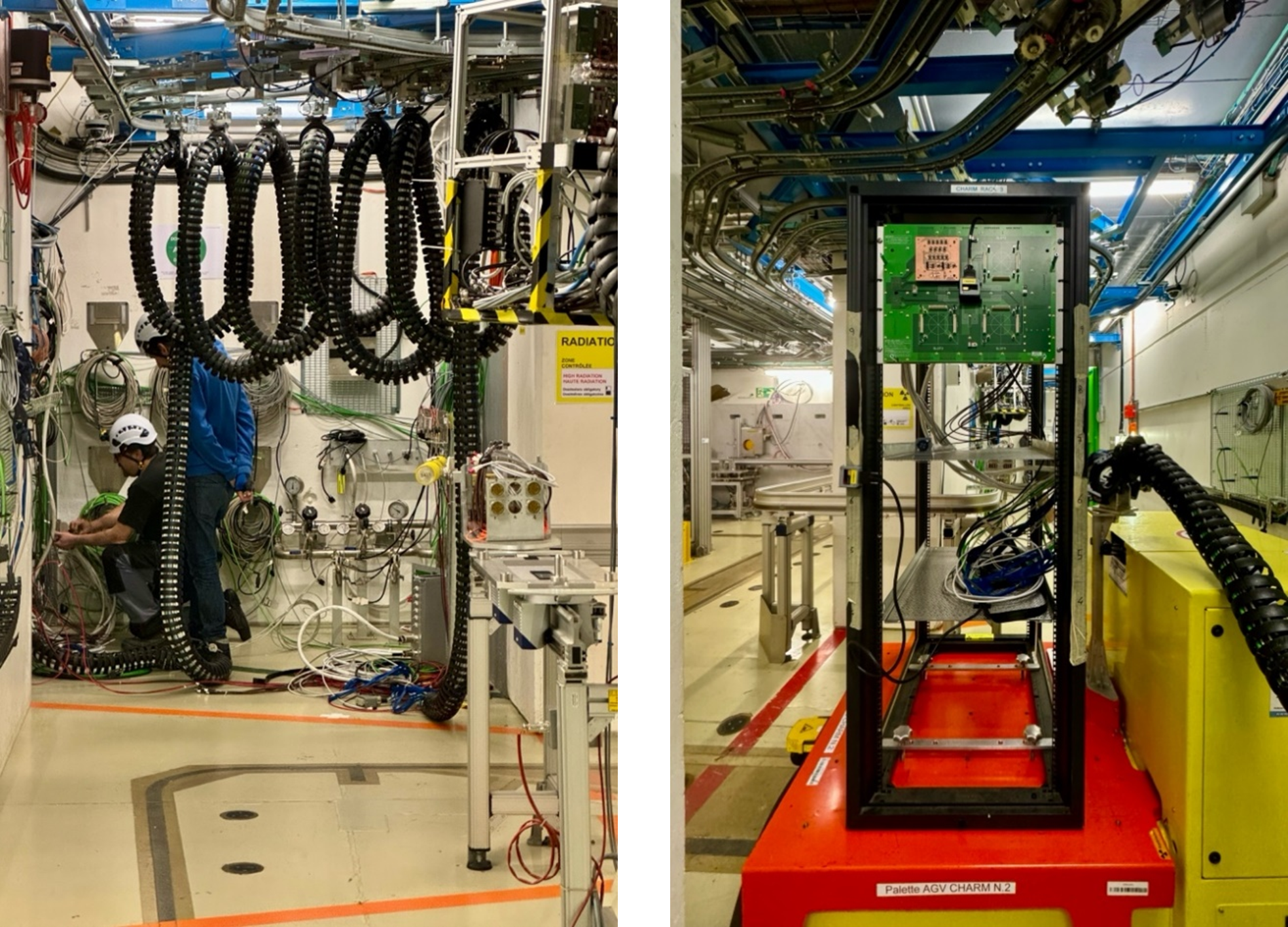 Figure 3: Wednesday routine work in CHARM facility. Preparing connections on the patch panels (left) and test rack ready to reach irradiation position on the AGV conveyor (right).